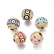 Brass Micro Pave Cubic Zirconia Beads, with Enamel, Real 18K Gold Plated, Round with Evil Eye, Nickel Free, Mixed Color, 8x8x7.5mm, Hole: 1.6mm(KK-N227-84A)