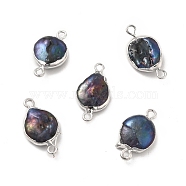 Baroque Natural Keshi Pearl Connector Charms, Flat Round Links, with Brass Double Loops, Dyed, Platinum, Blue, 19~21x11~12x4~5mm, Hole: 1.6~1.8mm(PEAR-P004-57P-02)