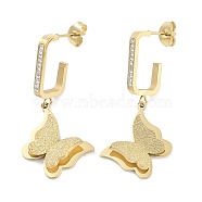 Texture Butterfly 304 Stainless Steel Dangle Earrings, Rhinestone Stud Earrings for Women, Real 18K Gold Plated, 37.5x15mm(EJEW-L283-093G)