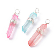 Natural Dyed Quartz Pendants, with Copper Wire Wrapped, Mixed Color, Chip, Silver, 29~37x5~8mm, Hole: 4mm(PALLOY-JF01280-02)
