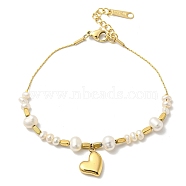 Ion Plating(IP) 304 Stainless Steel Heart Charms Bracelets, Natural Pearl Bead Bracelets for Women, Real 14K Gold Plated, 7-1/8 inch(18.2cm)(BJEW-K238-04G)