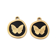 Ion Plating(IP) 316 Surgical Stainless Steel Pendants, Nickel Free, with Enamel, Flat Round with Butterfly Charms, Real 18K Gold Plated, Black, 18x15x1.5mm, Hole: 1.8mm(STAS-U014-53G-02)