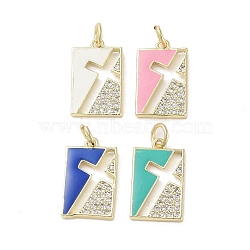 Real 18K Gold Plated Brass Micro Pave Cubic Zirconia Pendants, with Glass and Enamel and Jump Ring, Rectangle with Cross, Mixed Color, 21x13x2.5mm, Hole: 4mm(KK-A209-18G)
