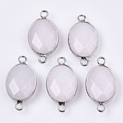 Natural White Jade Links/Connectors, Platinum Tone Brass Edge, Faceted Oval, Wheat, 27.5x14~15x6mm, Hole: 2mm(G-T131-102-32)