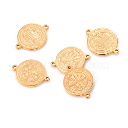 304 Stainless Steel Flat Round Connector Charms, Saint Benedict Cross Medal Links, Golden, 20x14mm, Hole: 1.5mm(PW-WGBC551-03)