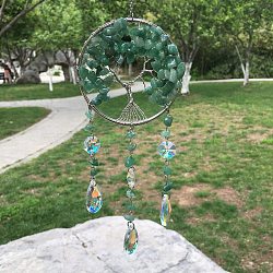 Metal Wire Wrapped Natural Green Aventurine Chips Flat Round with Tree of Life Pendant Decorations. Hanging Suncatchers, with Glass Teardrop Charm, 300x80mm(TREE-PW0003-11F)