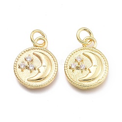 Brass Micro Pave Cubic Zirconia Pendants, with Jump Ring, Flat Round with Moon, Clear, Real 18K Gold Plated, 15.3x12x2.3mm, Jump Rings: 5x0.7mm, Inner Diameter: 3.3mm(X-KK-P187-02G)
