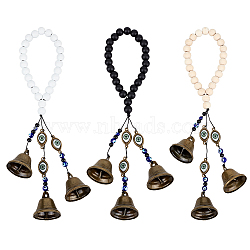 Wood Beaded Pendant Decoration, Evil Eye Handmade Lampwork & Iron Witch Bell Hanging Ornaments, Mixed Color, 305mm, 3pcs/set(HJEW-OC00019)