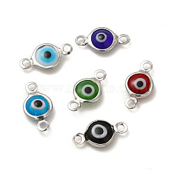304 Stainless Steel Connector Charms, Flat Round Links with Evil Eye Pattern, with Glass Enamel, Stainless Steel Color, Mixed Color, 13x6.5x2.5mm, Hole: 1.5mm(STAS-G305-09P)