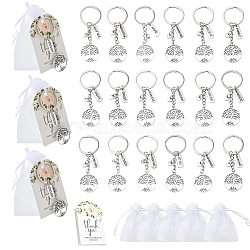 18Pcs Alloy Keychains, with Iron Rings and Paper Card and Organza Drawstring Bags, Tree of Life, Antique Silver & Platinum, 74mm(KEYC-YW00238)