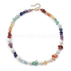 Chakra Theme Natural Red Aventurine & Red Jasper & Green Aventurine & Aquamarine & Citrine & Lapis Lazuli & Amethyst, Synthetic Hematite Beaded Necklaces, Shell Pearl Beads Jewelry for Women, 17.20 inch(43.7cm)(NJEW-JN05086)