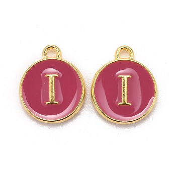 Golden Plated Alloy Enamel Charms, Cadmium Free & Lead Free, Enamelled Sequins, Flat Round with Letter, Camellia, Letter.I, 14x12x2mm, Hole: 1.5mm