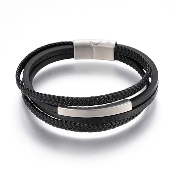 Braided Microfiber PU Leather Cord Multi-strand Bracelets, with 304 Stainless Steel Magnetic Clasps, Stainless Steel Color, 8-1/4 inch(21cm), 4~5mm
