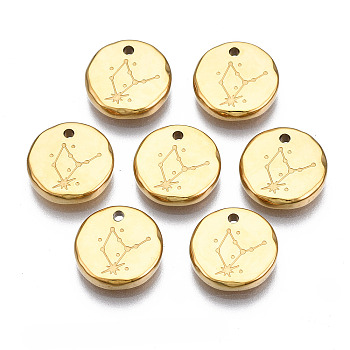 316 Surgical Stainless Steel Charms, Flat Round with Constellation, Real 14K Gold Plated, Virgo, 10x2mm, Hole: 1mm