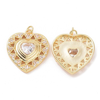 Brass Micro Pave Cubic Zirconia Pendants, Hollow Heart Charm, Real 18K Gold Plated, 28.5x25x5mm, Hole: 3mm