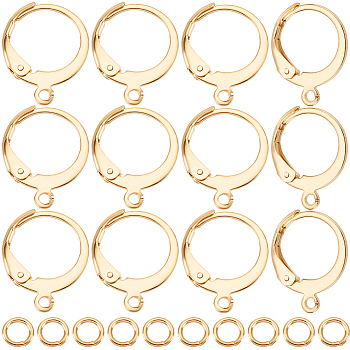 100Pcs 304 Stainless Steel Leverback Earring Findings, with Loop, 100Pcs Rack Plating Brass Jump Rings, Real 24K Gold Plated, 14.5x12.5x2mm, Hole: 1.2mm