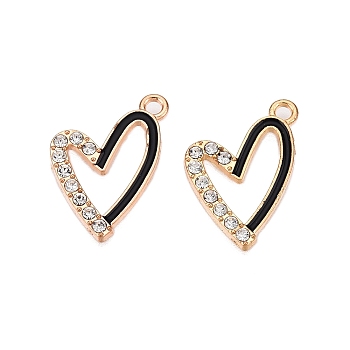 Alloy Enamel Pendants, with Crystal Rhinestone, Cadmium Free & Lead Free, Light Gold, Heart Charms, Black, 22x14x2mm, Hole: 1.8mm