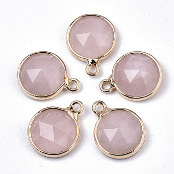 Natural Rose Quartz Charms, with Light Gold Plated Brass Edge and Loop, Half Round/Dome, Faceted, 14x11x5mm, Hole: 1.5mm
