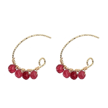 Dangle Earrings, with Natural Malaysia Jade Rondelle Beads and Real 18K Gold Plated Brass Earring Hooks, FireBrick, 21x22mm, Pin: 0.7mm