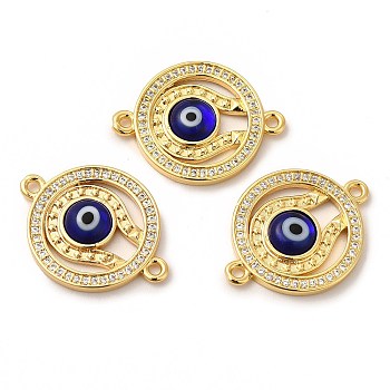 Rack Plating Real 18K Gold Plated Brass Micro Pave Clear Cubic Zirconia Connector Charms, Flat Round Links with Evil Eye, with Handmade Lampwork, Cadmium Free & Lead Free, Long-Lasting, Blue, 24x18.5x3.5mm, Hole: 1.5mm