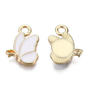 Alloy Enamel Pendants, Cadmium Free & Lead Free, Butterfly, Light Gold, White, 15x10.5x2.5mm, Hole: 2mm