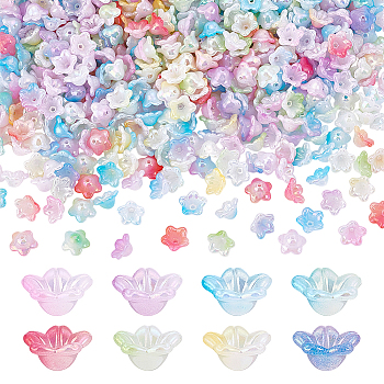 800Pcs 8 Colors UV Plating Iridescent Acrylic Bead Caps, 5-Petal Flower, Mixed Color, 12.5x12.5x6.5mm, Hole: 1.5mm, 100pcs/color
