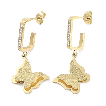 Texture Butterfly 304 Stainless Steel Dangle Earrings, Rhinestone Stud Earrings for Women, Real 18K Gold Plated, 37.5x15mm