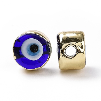 Handmade Evil Eye Lampwork Beads, with Golden Tone Brass Findings, Long-Lasting Plated, Cadmium Free & Lead Free, Flat Round, Dark Blue, 12.5x8mm, Hole: 2.5mm