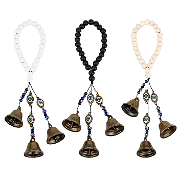 Wood Beaded Pendant Decoration, Evil Eye Handmade Lampwork & Iron Witch Bell Hanging Ornaments, Mixed Color, 305mm, 3pcs/set