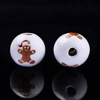 Painted Natural Wood Beads, Christmas Style, Round with Gingerbread Man Pattern, Saddle Brown, 16x15mm, Hole: 4mm