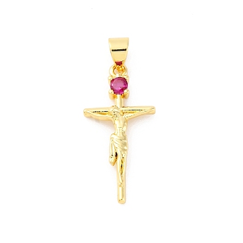 Brass Micro Pave Cubic Zirconia Pendants, Cadmium Free & Lead Free, Cross with Jesus Christ Charms, Real 16K Gold Plated, 25x12x3.5mm, Hole: 5x3.5mm