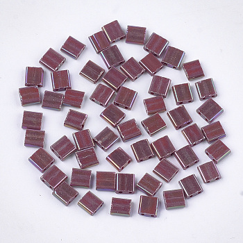 2-Hole Opaque Glass Seed Beads, AB Colours, Rectangle, Coconut Brown, 5x4.5~5.5x2~2.5mm, Hole: 0.5~0.8mm