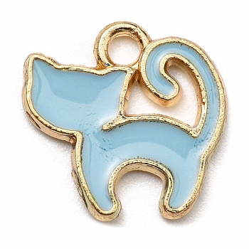 Alloy Charms, with Enamel, Golden, Cadmium Free & Nickel Free & Lead Free, Cat Shape Charms, Light Sky Blue, 13x13x1.5mm, Hole: 1.8mm