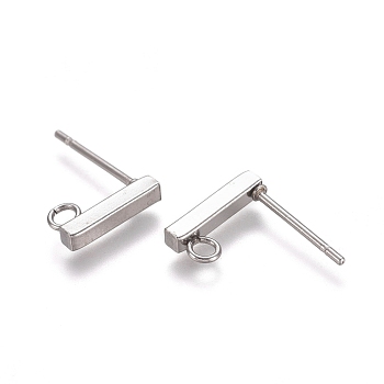 304 Stainless Steel Stud Earring Findings, with Loop, Rectangle, Stainless Steel Color, 10x2x2mm, Hole: 1.5~1.8mm, Pin: 0.8mm