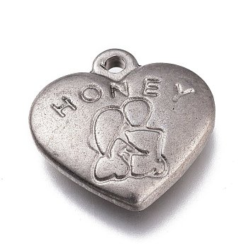 Valentine's Day 304 Stainless Steel Pendants, Heart with Word Honey & Lovers, Stainless Steel Color, 16.5x17x3.5mm, Hole: 1.7mm