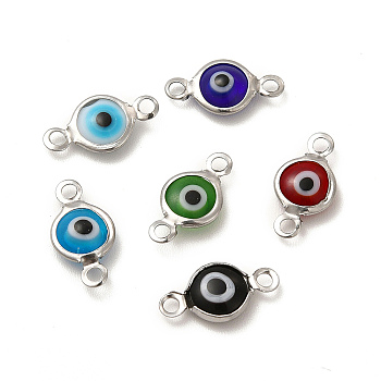 304 Stainless Steel Connector Charms, Flat Round Links with Evil Eye Pattern, with Glass Enamel, Stainless Steel Color, Mixed Color, 13x6.5x2.5mm, Hole: 1.5mm