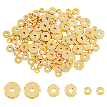 SUPERFINDINGS 120Pcs 3 Style Brass Beads, Long-Lasting Plated, Flat Round/Disc, Heishi Beads, Real 18K Gold Plated, 4~7.5x1.5mm, Hole:, 1.6~1.8mm, 40pcs/style