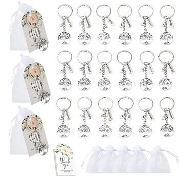 18Pcs Alloy Keychains, with Iron Rings and Paper Card and Organza Drawstring Bags, Tree of Life, Antique Silver & Platinum, 74mm