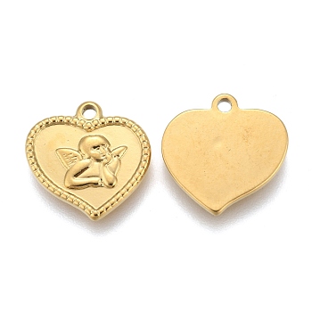 304 Stainless Steel Angel Pendants, Heart with Cupid/Cherub, Golden, 15x15x2mm, Hole: 1.6mm