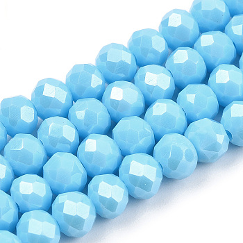 Electroplate Glass Beads Strands, Pearl Luster Plated, Faceted, Rondelle, Deep Sky Blue, 6x5mm, Hole: 1mm, about 84~85pcs/strand, 41.5~42cm