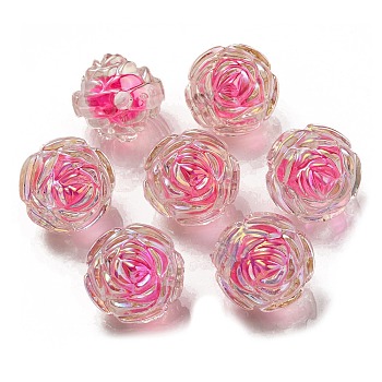 UV Plating Rainbow Iridescent Acrylic Beads, Two Tone Bead in Bead, Rose, Hot Pink, 15.5x16x15mm, Hole: 3mm