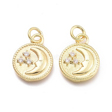 Real 18K Gold Plated Clear Flat Round Brass+Cubic Zirconia Pendants