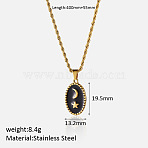 304 Stainless Steel Black Enamel Pendant Necklaces for Women, Golden, Oval with Moon and Star, 15.75 inch(40cm), pendant: 19.5x13.2mm(FS-WG3C5F5-09)
