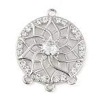 Brass Pave Clear Cubic Zirconia Chandelier Component Links, Hollow Flat Round with Flower, Platinum, 18.5x15x3.5mm, Hole: 1mm(KK-L219-23P)
