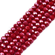 Electroplate Glass Beads Strands, Pearl Luster Plated, Faceted, Rondelle, Dark Red, 4x3mm, Hole: 0.4mm, about 123~127pcs/strand, 16.5~16.9 inch(42~43cm)(EGLA-A034-P4mm-A22)