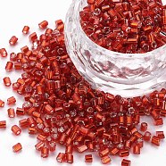 8/0 Glass Bugle Beads, Silver Lined, FireBrick, 2.5~3x2.5mm, Hole: 1mm, about 15000pcs/pound(SEED-S032-07A-25)