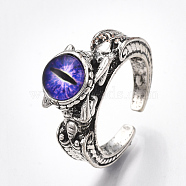Alloy Cuff Finger Rings, with Glass, Wide Band Rings, Dragon Eye, Antique Silver, Blue Violet, US Size 8 1/2(18.5mm)(RJEW-T006-35B)