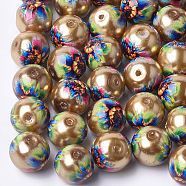Printed & Spray Painted Imitation Pearl Glass Beads, Round with Flower Pattern, Dark Goldenrod, 10~10.5x9.5mm, Hole: 1.6mm(GLAA-S047-06B-08)