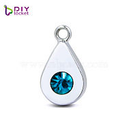 Platinum Plated Alloy Glass Rhinestone Charms, DIY Accessories for Jewelry Pendant Making, Birthstone Color Style Rhinestone, Teardrop, Dark Turquoise, 14x8mm(PALLOY-TAC0015-01L)