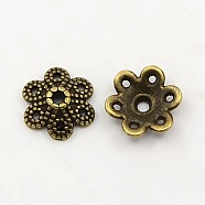 Tibetan Style Bead Caps, Flower, 6-Petal, Lead Free and Cadmium Free, Antique Bronze, 9.5x10x3mm, Hole: 1.5mm(X-K08YE071)